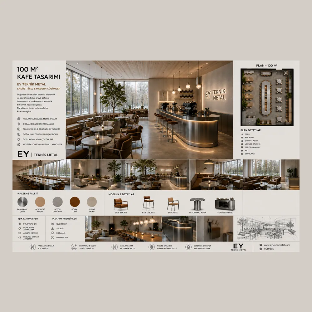 100 m² Kafe Tasarımı — Endüstriyel & Modern