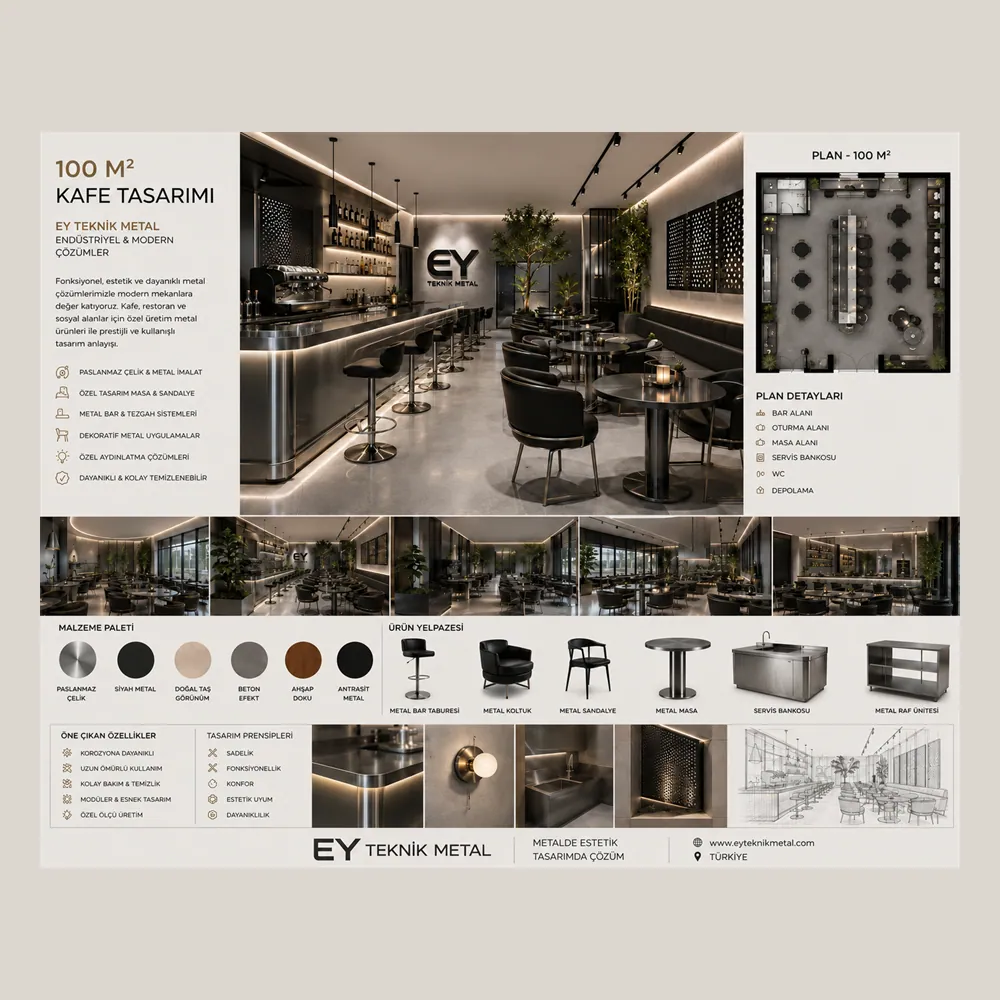 100 m² Kafe Tasarımı — Siyah Metal Konsept